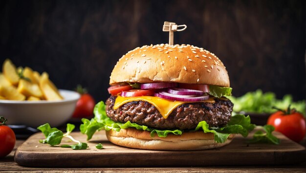 Closeup home made single beef burger on wooden table