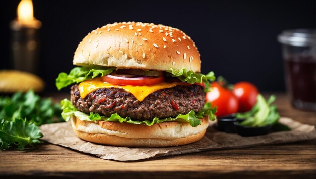 Closeup home made single beef burger on wooden table