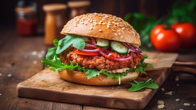 Closeup of home made tasty burger on wooden table