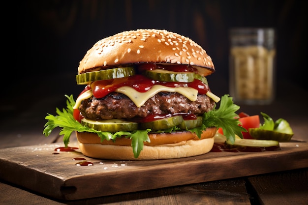 Closeup of home made tasty burger on wooden table