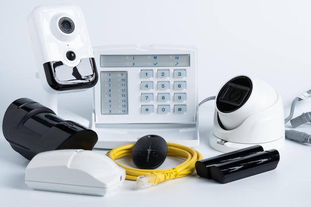 Closeup of home security equipment on white background