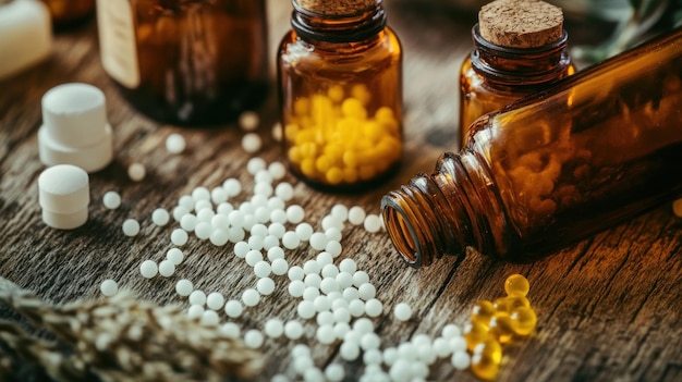 A closeup of homeopathic medicine with small bottles and vials of natural remedies on a wooden table