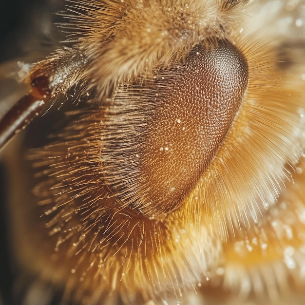 Photo closeup of a honey bee39s eye showing the textured surface and surrounding hairs