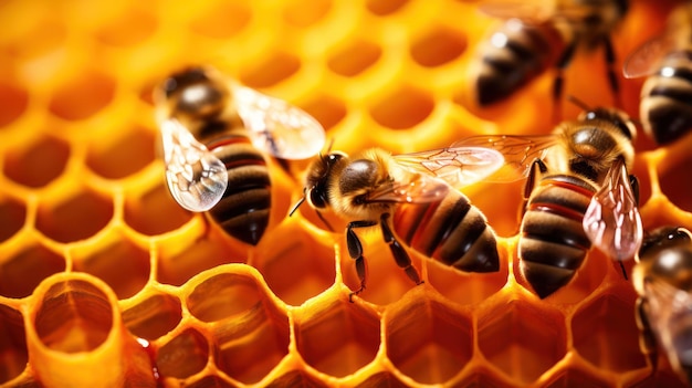 Closeup of Honey Bees on Honeycomb in Beehive AI Generated