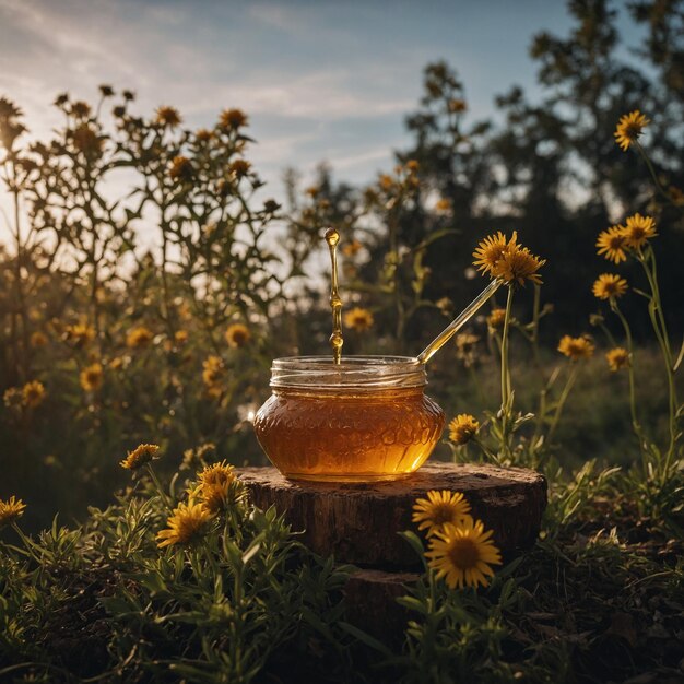 Photo a closeup of honey in a jar highlighting its rich amber color and pure natural appeal