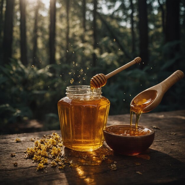 Photo a closeup of honey in a jar with a golden sheen showcasing its rich and smooth natural flavor