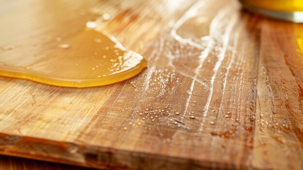 Photo closeup of honey spilled on a rustic wooden surface capturing the sticky and sweet texture of the golden liquid