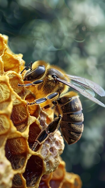 Photo closeup of a honeybee on a honeycomb with a blurred natural background