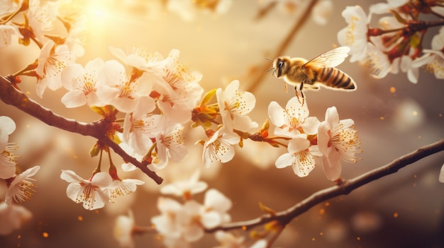 Closeup of honeybee pollinating flowers in a garden setting nature pollination scene