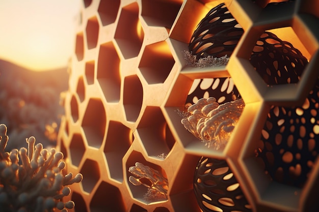 Closeup of honeycomb with macro bee in the morning sunlight