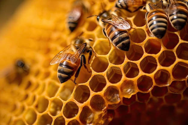 Closeup of honeycomb with pollen grains visible on each cell created with generative ai