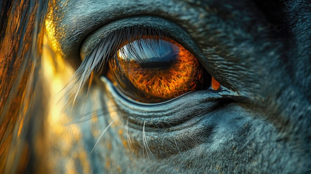 Closeup of a horses eye reflecting a fiery sunset capturing stunning detail and emotion