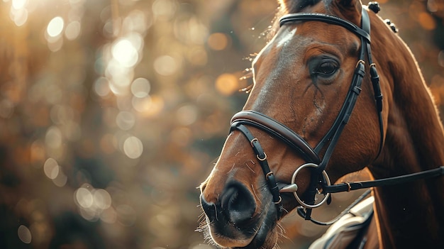 Photo closeup of a horses head in an eye cutout there is still space for text on the left side