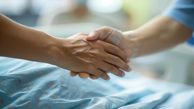 Photo closeup of a hospital patients hand holding a caregivers hand minimalist