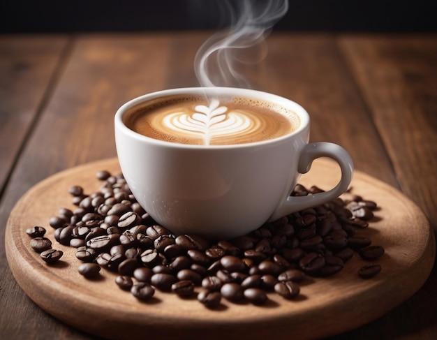 Closeup hot coffee on a wooden table