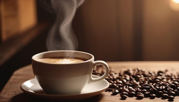 Closeup hot coffee on a wooden table