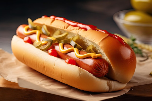 Closeup of hot dog with condiments and bun visible created with generative ai