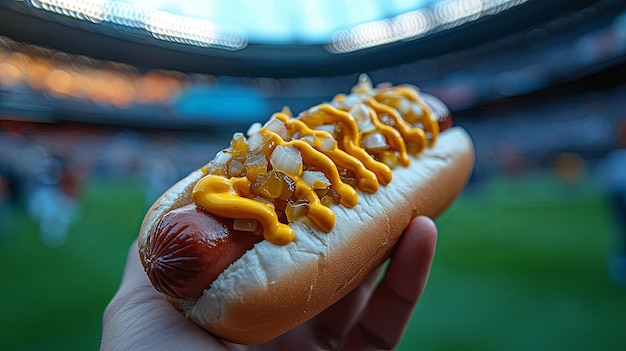 Closeup of a Hot Dog with Mustard and Relish in a Stadium