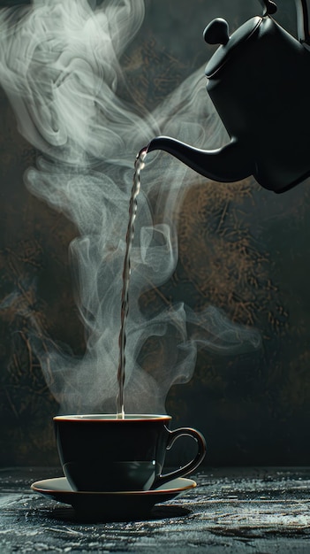 Photo closeup of hot water being poured into a cup from a kettle