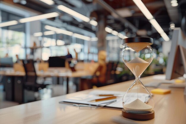 Photo a closeup of an hourglass on an office desk capturing the essence of time management in a bustling workspace