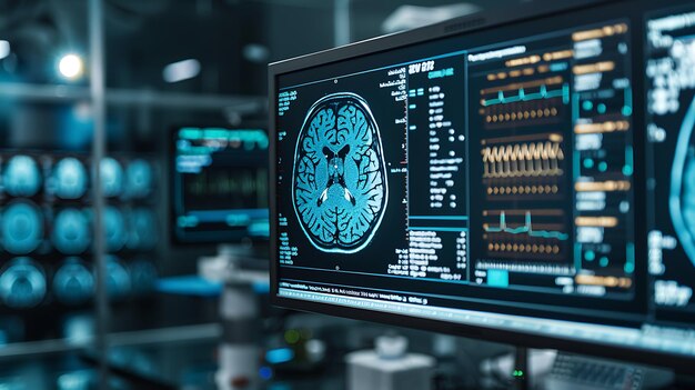 Photo closeup of the human brain on the monitor in the laboratory