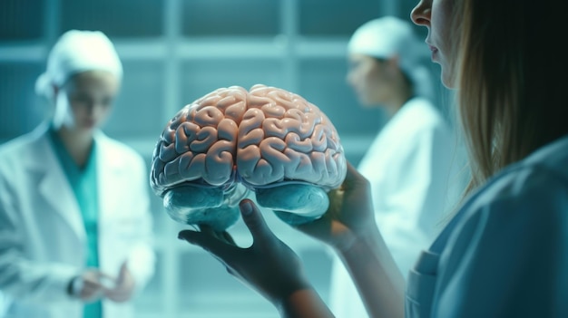 Photo closeup of human brain with doctors in the background at hospital