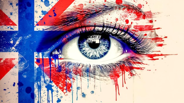 Closeup of a human eye with colorful drawing of the elements of the British flag made Generative ai