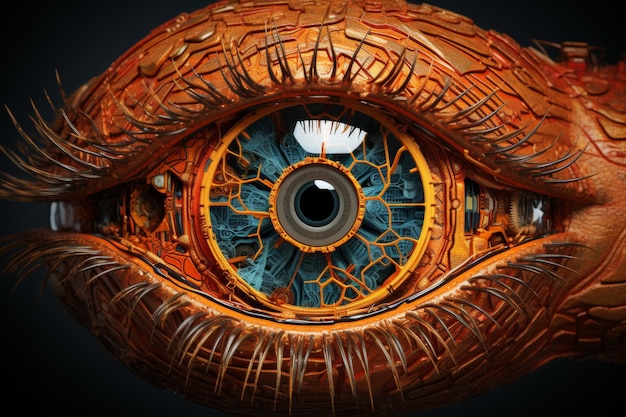 Closeup of human eye with intriguing blue steampunkstyle iris for retro futuristic concept