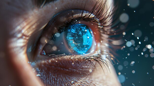 Photo closeup of a human eye with virtual hologram elements for surveillance and digital id verification