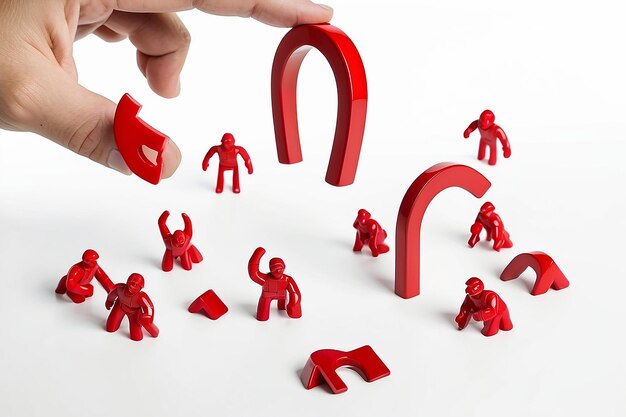 Photo closeup of a human hand attracting red human figures with horseshoe magnet