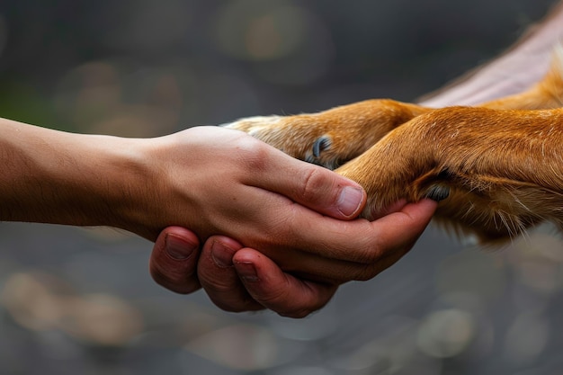 Photo closeup of a human hand holding dogs paw