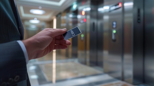 Photo closeup human hand holding a key card access control to open elevator door generated ai image