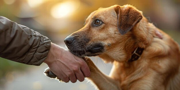 Photo a closeup of a human hand shaking a dog39s paw symbolizing trust friendship and a strong bond between pets and owners