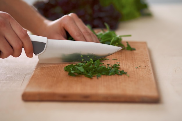 Closeup of human hands cooking vegetables salad in kitchen Healthy meal and vegetarian concept