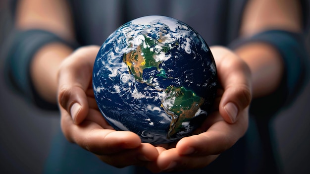 Photo closeup of human hands holding earth planet conceptual environmental image for design projects