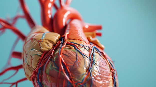 Closeup of a human heart model with veins and arteries illustrating cardiology and cardiovascular health