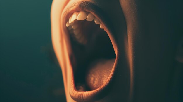 Photo closeup of human mouth open wide with teeth and tongue visible in dramatic lighting