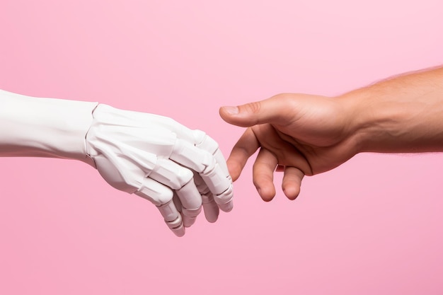 Closeup of human and robot arm shaking hands on pink background