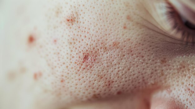 Photo closeup of human skin showing pores and redness emphasizing skin texture and detailing a common dermatologic condition