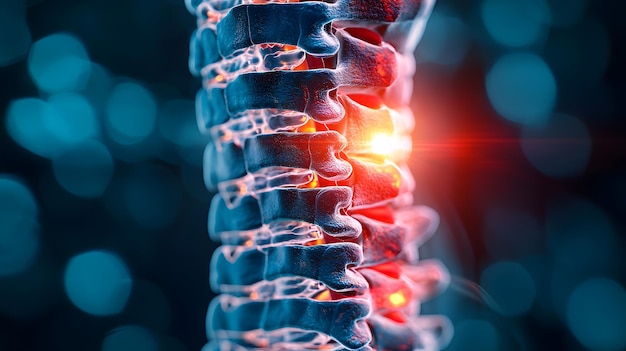 Closeup of human spine with highlighted pain area in red set against a dark blurred blue background