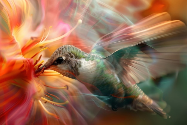 A closeup of a hummingbird feeding from a flower