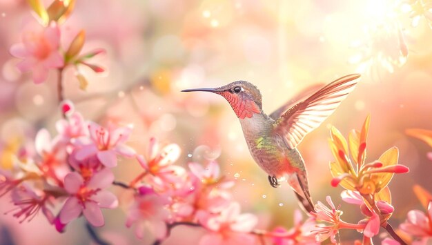 CloseUp of a Hummingbird Hovering Over Vibrant Flowers with Soft Bokeh Background