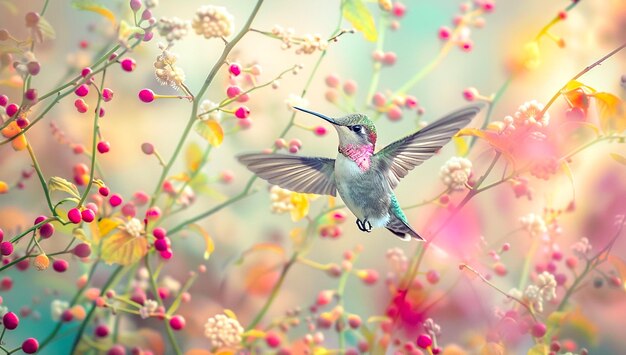 Photo closeup of a hummingbird hovering over vibrant flowers with soft bokeh background