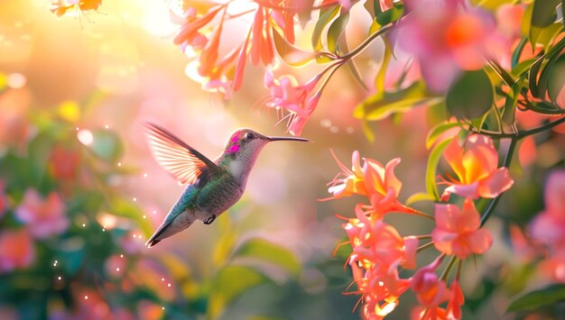 Photo closeup of a hummingbird hovering over vibrant flowers with soft bokeh background