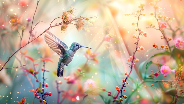 CloseUp of a Hummingbird Hovering Over Vibrant Flowers with Soft Bokeh Background