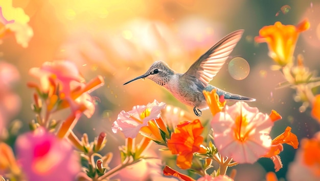 Photo closeup of a hummingbird hovering over vibrant flowers with soft bokeh background