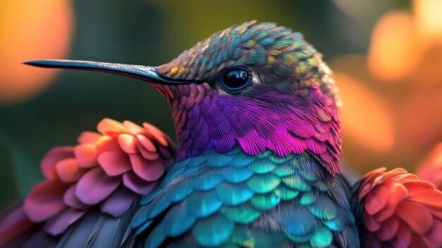 Photo closeup of a hummingbird with vibrant iridescent feathers