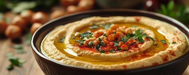 Closeup of Hummus with Olive Oil Paprika and Parsley in a Bowl Realistic Food Photo