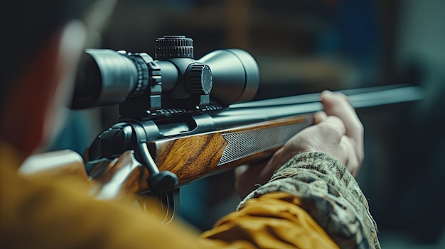 Photo closeup of a hunter holding a rifle with a scope