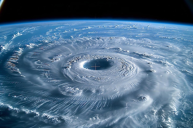 Closeup of a hurricanes eye from space showing swirling white clouds and dark blue sky